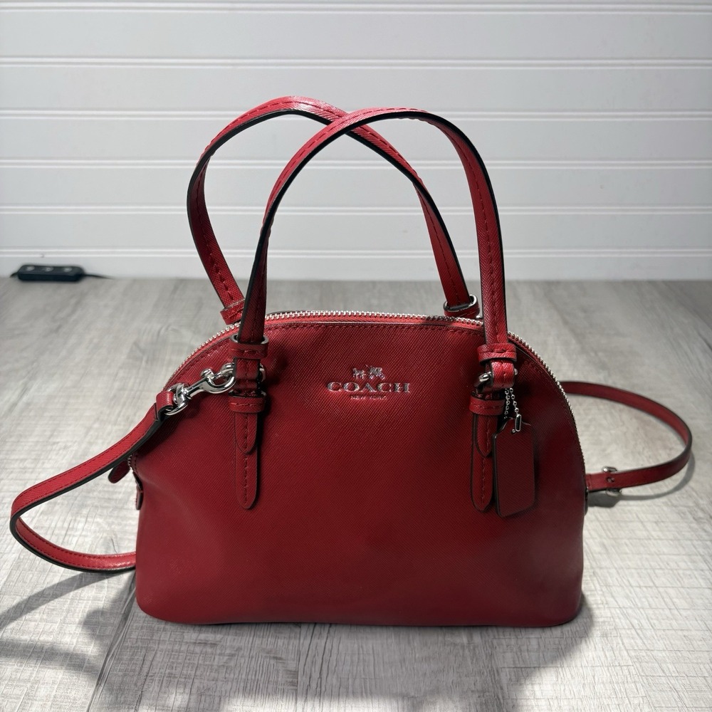 Coach Red Peyton Leather Mini Dome Handbag Shoulder Purse Removable Crossbody